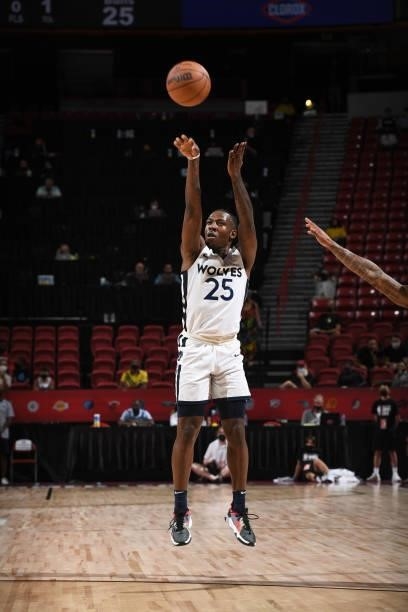 McKinley Wright IV of the Minnesota Timberwolves shoots a 3-pointer against the Chicago Bulls during the 2021 Las Vegas Summer League on August 12,...
