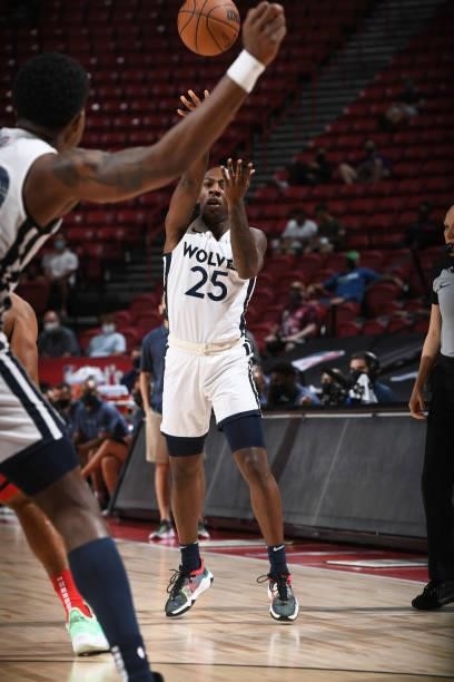 McKinley Wright IV of the Minnesota Timberwolves passes the ball against the Chicago Bulls during the 2021 Las Vegas Summer League on August 12, 2021...
