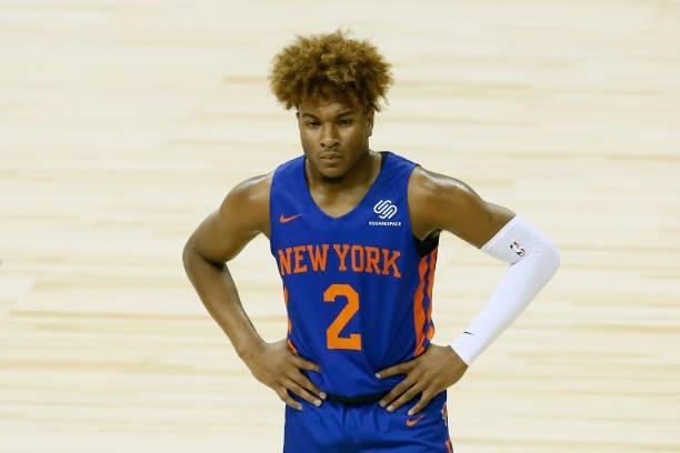 Miles McBride of the New York Knicks looks on against the Los Angeles Lakers during the 2021 Las Vegas Summer League on August 11, 2021 at the Thomas...
