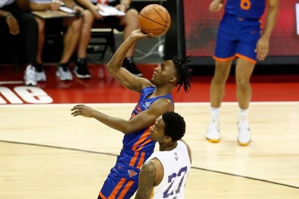 Immanuel Quickley of the New York Knicks shoots the ball against the Los Angeles Lakers during the 2021 Las Vegas Summer League on August 11, 2021 at...