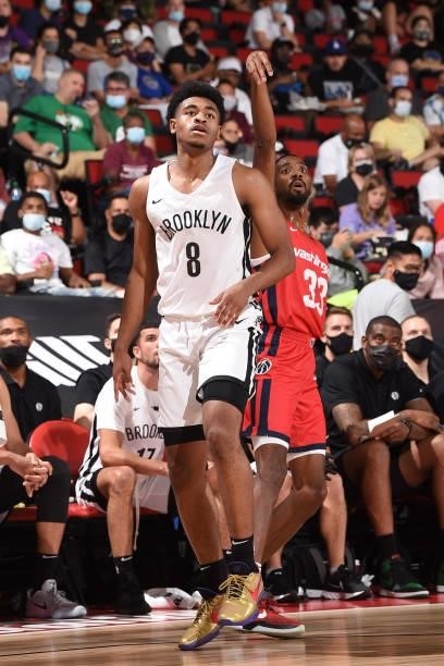 Cam Thomas of the Brooklyn Nets looks on during the 2021 Las Vegas Summer League on August 12, 2021 at the Cox Pavilion in Las Vegas, Nevada. NOTE TO...