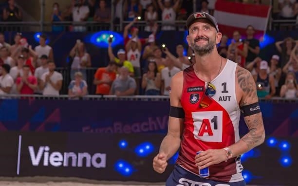 Clemens Doppler of Austria during the farewell on Day 2 of the A1 CEV EuroBeachVolley Vienna 2021 at Red Bull Beach Arena on August 12, 2021 in...