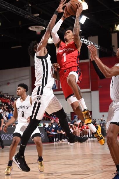 Caleb Homesley of the Washington Wizards drives to the basket against the Brooklyn Nets during the 2021 Las Vegas Summer League on August 12, 2021 at...