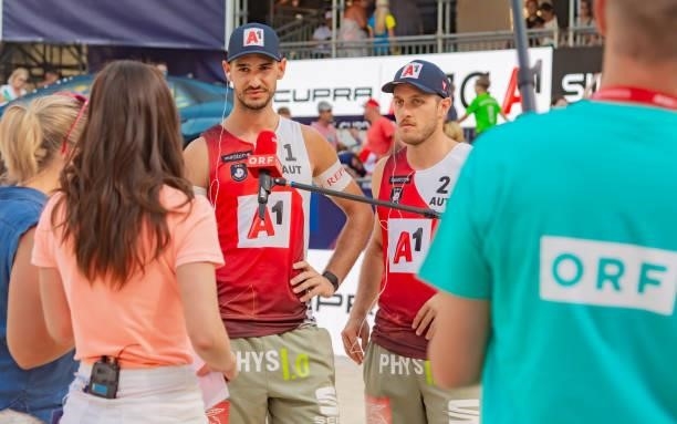 Martin Ermacora and Moritz Pristauz of Austria during an interview after the pool match against Aliksandr Dziadkou and Pavel Piatrushka of Belarus on...