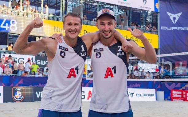 Aliksandr Dziadkou and Pavel Piatrushka of Belarus after the pool match against Martin Ermacora and Moritz Pristauz of Austriaon on Day 2 of the A1...