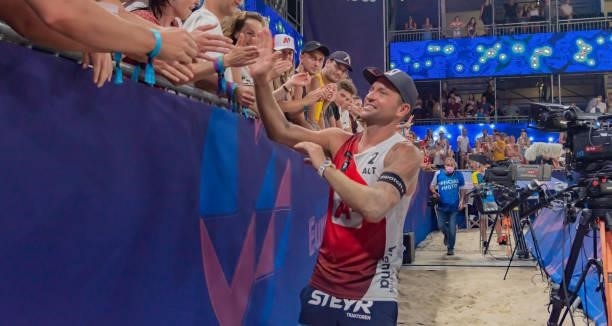 Alexander Horst of Austria during the farewell on Day 2 of the A1 CEV EuroBeachVolley Vienna 2021 at Red Bull Beach Arena on August 12, 2021 in...