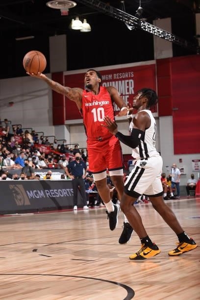 Xavier Rathan-Mayes of the Washington Wizards shoots the ball against the Brooklyn Nets during the 2021 Las Vegas Summer League on August 12, 2021 at...