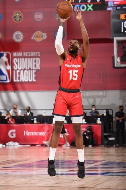 Mason Jones of the Washington Wizards shoots a three point basket against the Brooklyn Nets during the 2021 Las Vegas Summer League on August 12,...