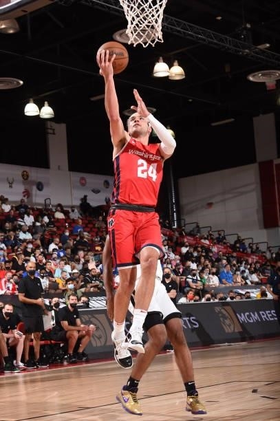 Corey Kispert of the Washington Wizards drives to the basket against the Brooklyn Nets during the 2021 Las Vegas Summer League on August 12, 2021 at...
