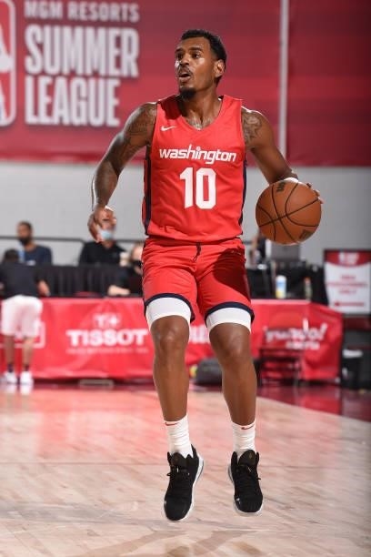 Xavier Rathan-Mayes of the Washington Wizards dribbles the ball against the Brooklyn Nets during the 2021 Las Vegas Summer League on August 12, 2021...