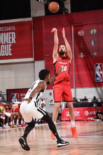 Jay Huff of the Washington Wizards shoots a three point basket against the Brooklyn Nets during the 2021 Las Vegas Summer League on August 12, 2021...