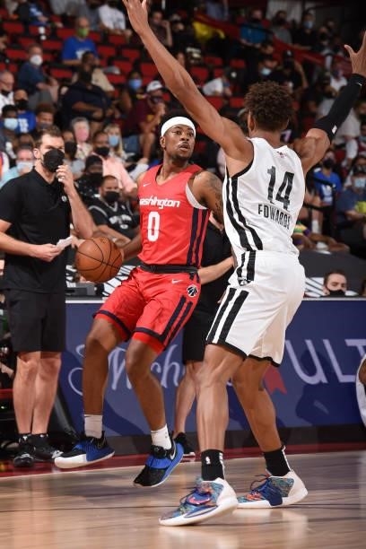 Jordan Goodwin of the Washington Wizards dribbles the ball against the Brooklyn Nets during the 2021 Las Vegas Summer League on August 12, 2021 at...
