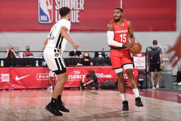Mason Jones of the Washington Wizards handles the ball against the Brooklyn Nets during the 2021 Las Vegas Summer League on August 12, 2021 at the...