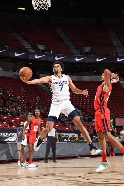 Brian Bowen II of the Minnesota Timberwolves drives to the basket against the Chicago Bulls during 2021 Las Vegas Summer League on August 12, 2021 at...
