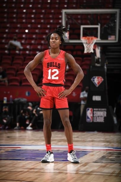 Ayo Dosunmu of the Chicago Bulls looks on during the game during the 2021 Las Vegas Summer League on August 12, 2021 at the Thomas & Mack Center in...