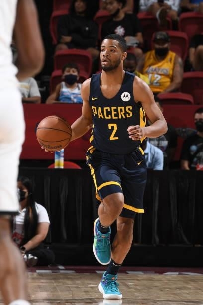 Cassius Stanley of the Indiana Pacers dribbles the ball against the Portland Trail Blazers during the 2021 Las Vegas Summer League on August 9, 2021...