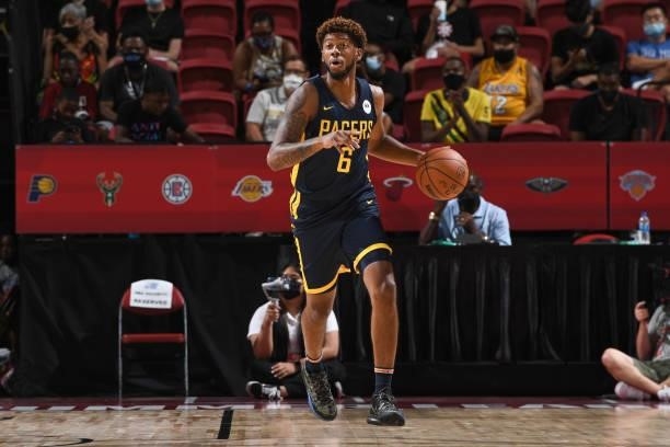 Tyrone Wallace of the Indiana Pacers dribbles the ball against the Portland Trail Blazers during the 2021 Las Vegas Summer League on August 9, 2021...