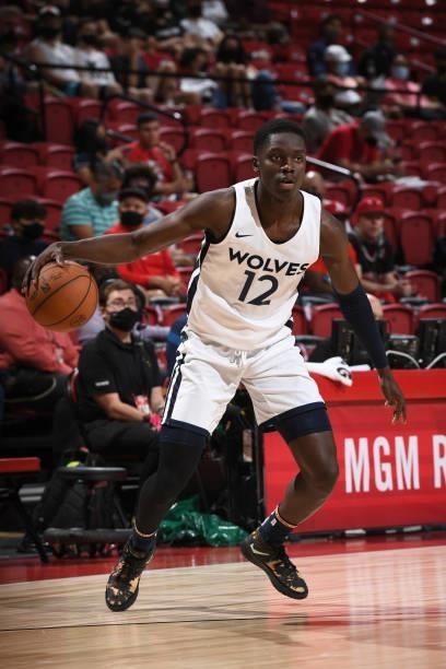 Karim Mane of the Minnesota Timberwolves handles the ball against the Chicago Bulls during the 2021 Las Vegas Summer League on August 12, 2021 at the...