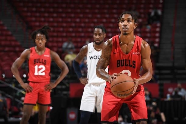 Jaylen Adams of the Chicago Bulls shoots the ball against the Minnesota Timberwolves during the 2021 Las Vegas Summer League on August 12, 2021 at...