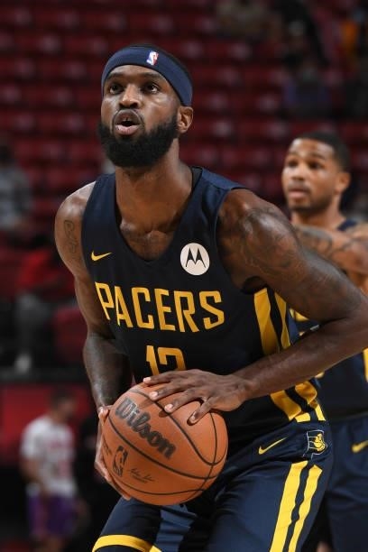 Oshae Brissett of the Indiana Pacers shoots a free throw against the Portland Trail Blazers during the 2021 Las Vegas Summer League on August 9, 2021...