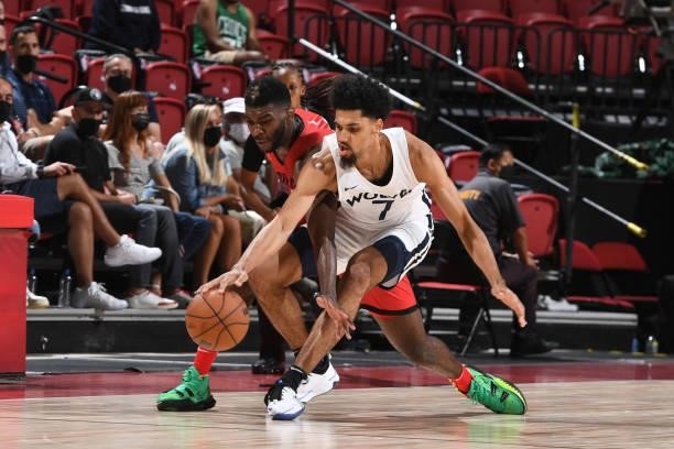 Patrick Williams of the Chicago Bulls and Brian Bowen II of the Minnesota Timberwolves go after the ball during the game during the 2021 Las Vegas...