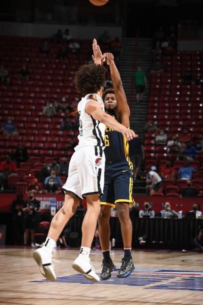 Tyrone Wallace of the Indiana Pacers shoots a three point basket against the Portland Trail Blazers during the 2021 Las Vegas Summer League on August...