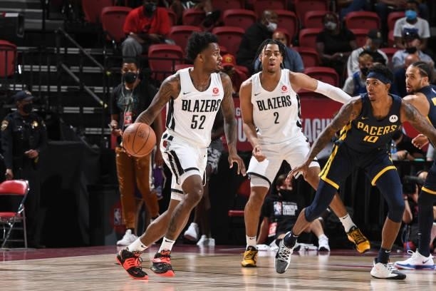 Antonio Blakeney of the Portland Trail Blazers dribbles the ball against the Indiana Pacers during the 2021 Las Vegas Summer League on August 9, 2021...