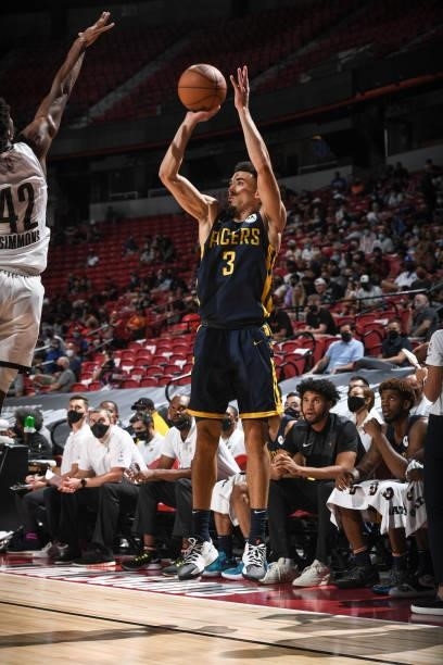 Chris Duarte of the Indiana Pacers shoots a free throw against the Portland Trail Blazers during the 2021 Las Vegas Summer League on August 9, 2021...
