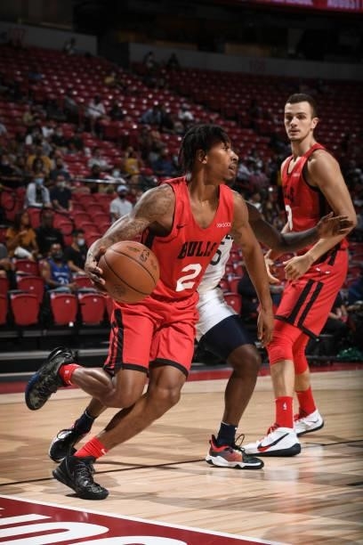 Jaylen Adams of the Chicago Bulls drives to the basket against the Minnesota Timberwolves during the 2021 Las Vegas Summer League on August 12, 2021...