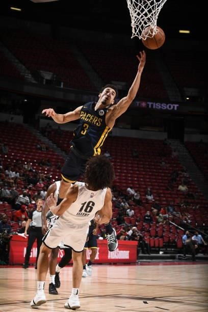 Chris Duarte of the Indiana Pacers drives to the basket against the Portland Trail Blazers during the 2021 Las Vegas Summer League on August 9, 2021...