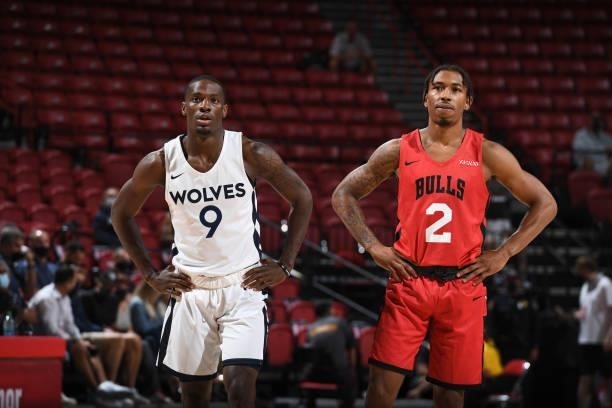 Isaiah Miller of the Minnesota Timberwolves and Jaylen Adams of the Chicago Bulls look on during the game during the 2021 Las Vegas Summer League on...