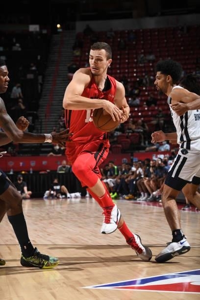 Marko Simonovic of the Chicago Bulls drives to the basket against the Minnesota Timberwolves during the 2021 Las Vegas Summer League on August 12,...