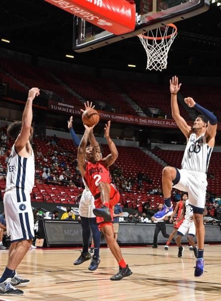Jaylen Adams of the Chicago Bulls drives to the basket and shoots the ball against the Minnesota Timberwolves during 2021 Las Vegas Summer League on...