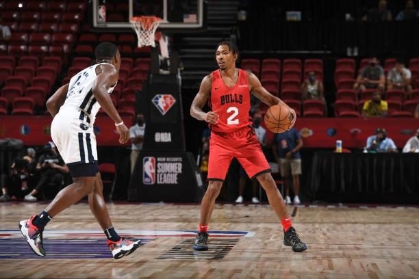 Jaylen Adams of the Chicago Bulls handles the ball against the Minnesota Timberwolves during the 2021 Las Vegas Summer League on August 12, 2021 at...
