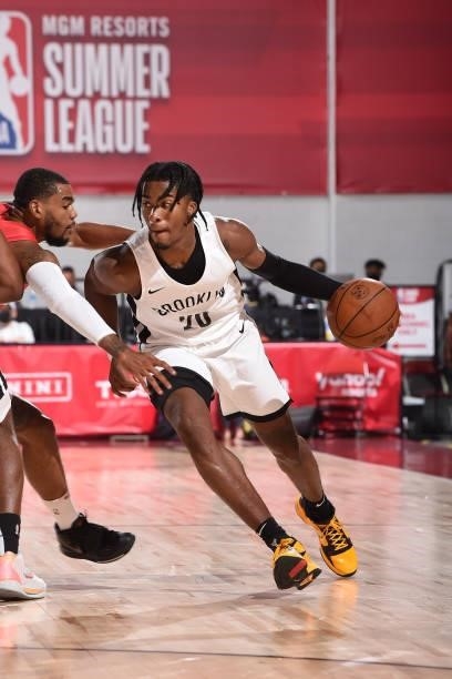 David Duke of the Brooklyn Nets drives to the basket against the Washington Wizards during the 2021 Las Vegas Summer League on August 12, 2021 at the...