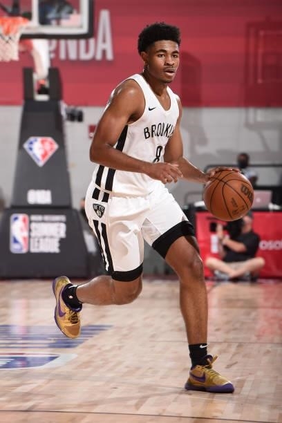 Cam Thomas of the Brooklyn Nets dribbles the ball against the Washington Wizards during the 2021 Las Vegas Summer League on August 12, 2021 at the...
