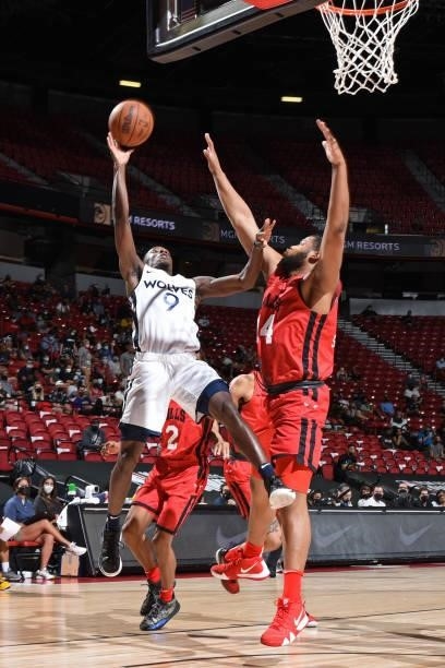 Isaiah Miller of the Minnesota Timberwolves drives to the basket against the Chicago Bulls during 2021 Las Vegas Summer League on August 12, 2021 at...