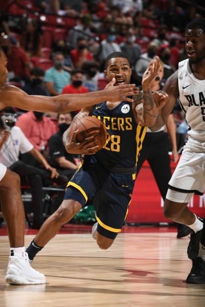 Keifer Sykes of the Indiana Pacers drives to the basket against the Portland Trail Blazers during the 2021 Las Vegas Summer League on August 9, 2021...