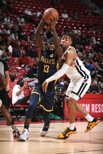 Johnson of the Indiana Pacers drives to the basket against the Portland Trail Blazers during the 2021 Las Vegas Summer League on August 9, 2021 at...