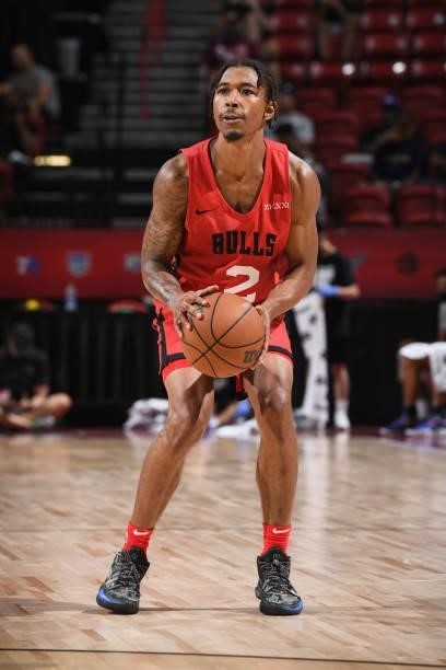 Jaylen Adams of the Chicago Bulls shoots a 3-pointer against the Minnesota Timberwolves during the 2021 Las Vegas Summer League on August 12, 2021 at...