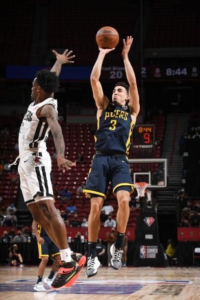 Chris Duarte of the Indiana Pacers shoots the ball against the Portland Trail Blazers during the 2021 Las Vegas Summer League on August 9, 2021 at...