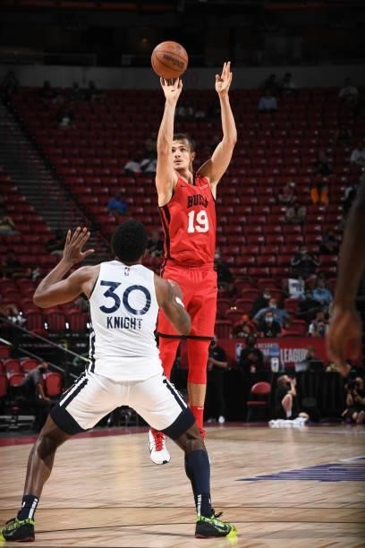 Marko Simonovic of the Chicago Bulls shoots a 3-pointer against the Minnesota Timberwolves during the 2021 Las Vegas Summer League on August 12, 2021...