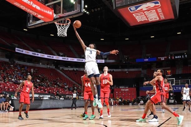 Jaden McDaniels of the Minnesota Timberwolves drives to the basket against the Chicago Bulls during 2021 Las Vegas Summer League on August 12, 2021...