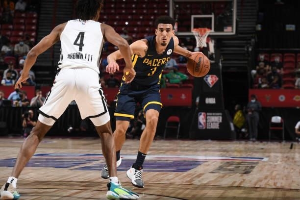 Chris Duarte of the Indiana Pacers dribbles the ball against the Portland Trail Blazers during the 2021 Las Vegas Summer League on August 9, 2021 at...