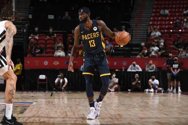 Johnson of the Indiana Pacers dribbles the ball against the Portland Trail Blazers during the 2021 Las Vegas Summer League on August 9, 2021 at the...