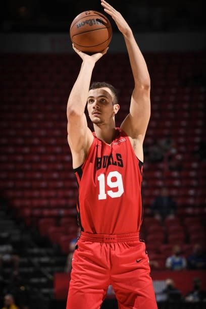 Marko Simonovic of the Chicago Bulls shoots the ball against the Minnesota Timberwolves during the 2021 Las Vegas Summer League on August 12, 2021 at...