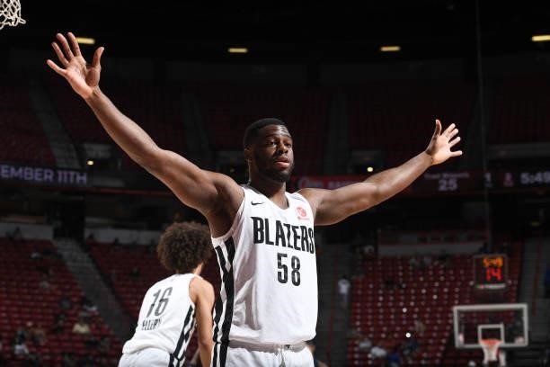 Emmanuel Mudiay of the Portland Trail Blazers plays defense on against the Indiana Pacers during the 2021 Las Vegas Summer League on August 9, 2021...