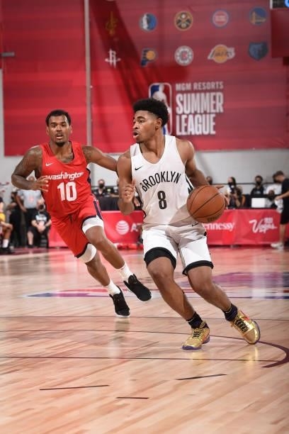 Cam Thomas of the Brooklyn Nets drives to the basket against the Washington Wizards during the 2021 Las Vegas Summer League on August 12, 2021 at the...