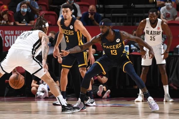 Johnson of the Indiana Pacers plays defense against the Portland Trail Blazers during the 2021 Las Vegas Summer League on August 9, 2021 at the...