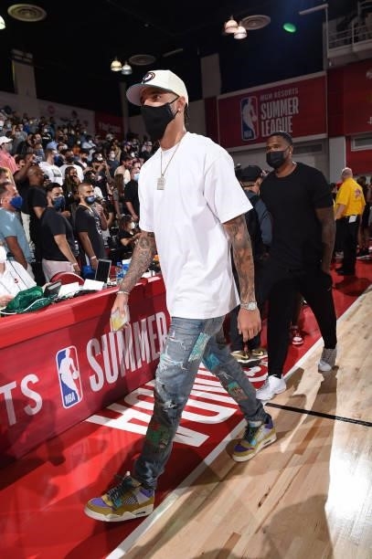 Lonzo Ball of the Chicago Bulls attends the game between the San Antonio Spurs and the Charlotte Hornets during the 2021 Las Vegas Summer League on...
